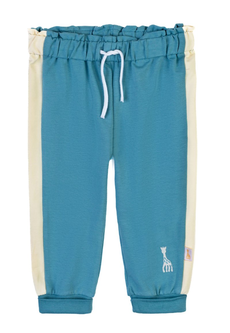 Pantaloni della tuta turchesi con pannelli laterali crema, dotati di una vita elasticizzata con cordoncino e di un piccolo design di giraffa vicino all'orlo.