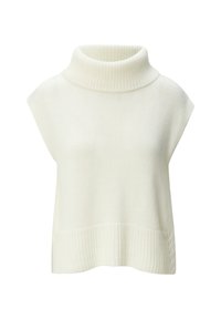 Mouwloos wit gebreid sweatervest met een brede geribbelde col en geribbelde zoom.
