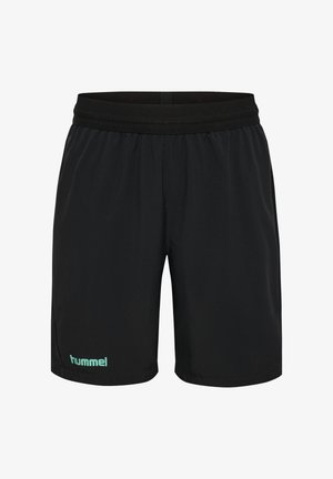 Czarne sportowe szorty z elastycznym pasem i jasnoniebieskim logo "hummel" na dole lewej nogawki, na jednolitym tle.