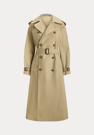 Béžový obojstranný trenčkot so širokými klopami, opaskom v páse, gombíkovými manžetami a ramennými popruhmi, zobrazený na bielom pozadí.