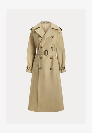 Trench beige doppiopetto con ampi revers, vita con cintura, polsini con bottoni e spalline, esposto su sfondo bianco.