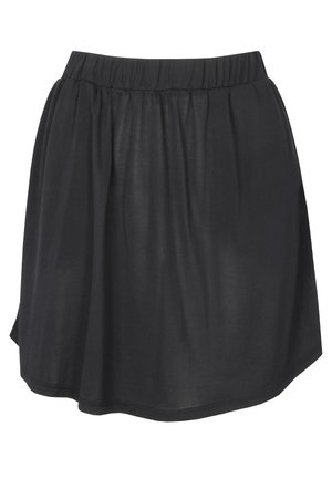 Czarna spódnica o długości do kolan w kształcie litery A, z elastycznym pasem i miękką, lekko marszczoną tkaniną.