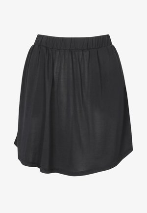 Falda negra a la rodilla de corte en A con cintura elástica y tela suave ligeramente fruncida.