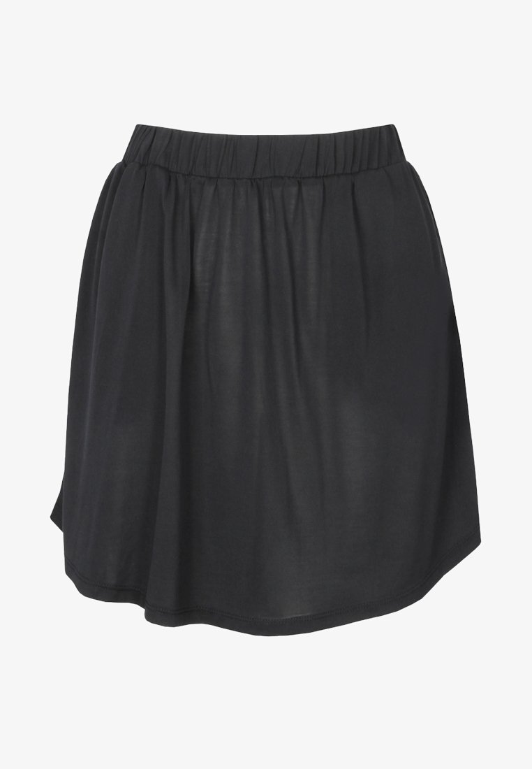 Jupe noire mi-genou en ligne A avec taille élastique et tissu doux légèrement froncé.