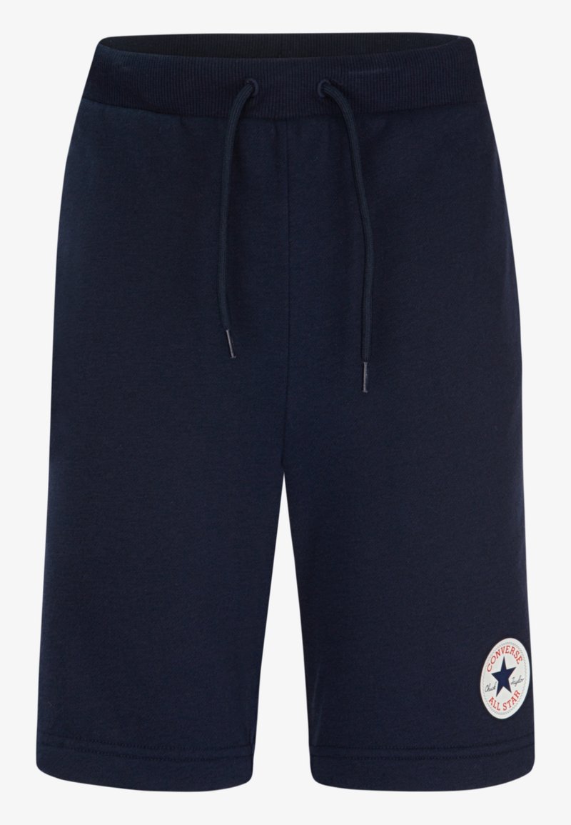 Pantaloni corti blu navy con coulisse, fascia elastica in vita e logo rotondo Converse All Star sulla gamba sinistra.