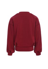 Rode longsleeve sweatshirt met geribbelde manchetten en tailleband, van de achterkant getoond op een witte achtergrond.