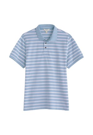 Világoskék és fehér vízszintes csíkos rövid ujjú poloing gallérral és két gombbal a placket részen.