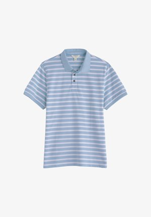 Hele sinine ja valge horisontaalselt triibuline lühikeste varrukatega polosärk, millel on krae ja plaketil kaks nuppu.