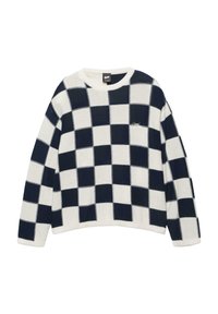 Pulover z dolgimi rokavi iz pletenine z vzorcem črno-belega karo in okroglim izrezom, z majhnim vezenim logotipom na prsih.