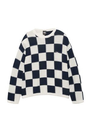 Pletený sveter s dlhými rukávmi v čiernobielom károvanom vzore a s okrúhlym výstrihom, na hrudi s malým vyšívaným logom.