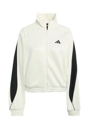 Witte zip-up jas met zwarte accentpanelen, geribde manchetten en een hoge kraag. Kenmerkt zich door het Adidas-logo op de linkerborst.