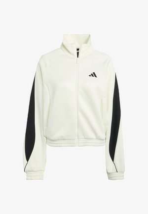 White zip-up jacket with black accent panels, ribbed cuffs, and a high neckline. Features the Adidas logo on the left chest area.