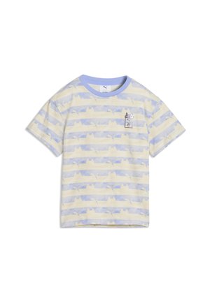 Camiseta de manga corta a rayas con franjas horizontales en amarillo claro y lavanda, y un pequeño bordado de un gato dentro de una caja de leche en el pecho.