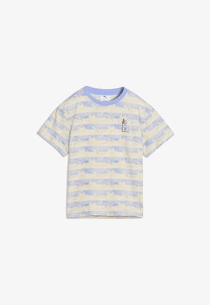 Kortærmet T-shirt med striber i lysegul og lavendel med vandrette bånd samt en lille broderet kat i en mælkekarton på brystet.