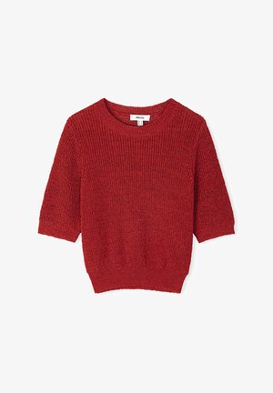 Rode gebreide trui met korte mouwen, een ronde hals en geribbelde manchet- en zoomranden. Textuurstof met een losse pasvorm.