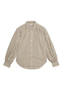 Gestreepte overhemd met lange mouwen in beige en bruin. Heeft een klassieke kraag, afgeronde zoom en gathermouwen met manchetdetails.