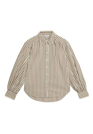 Chemise à manches longues à rayures en beige et marron. Dotée d'un col classique, d'un ourlet arrondi et de manches froncées avec des détails aux poignets.