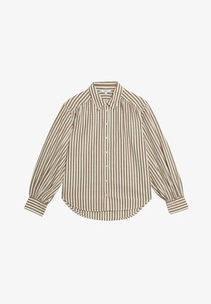 Gestreifte Langarm-Button-Up-Bluse in Beige und Braun. Verfügt über einen klassischen Kragen, abgerundetem Saum und geraffte Ärmel mit Manschetten-Details.