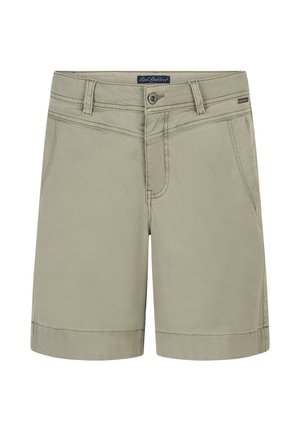 Beige knælange shorts med bæltestropper, forreste knap- og lynlåslukning, sidelommer og mærkelabel på linningen.