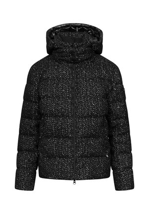 Black and white puffer jacket with a quilted pattern, high collar, and adjustable hood. Features a front zipper and textured fabric.