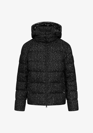 Black and white puffer jacket with a quilted pattern, high collar, and adjustable hood. Features a front zipper and textured fabric.