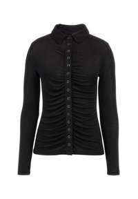 Black long-sleeve top with a collar, featuring front ruching and a button closure with silver eyelets, made from a soft, stretchy fabric.