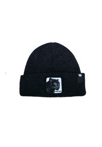 Berretto a maglia nero con risvolto. Presenta una patch con una grafica di un puma e la parola "PANTHER" in bianco. Tessuto texturizzato.
