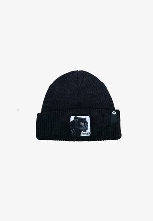 Berretto a maglia nero con risvolto. Presenta una patch con una grafica di un puma e la parola "PANTHER" in bianco. Tessuto texturizzato.