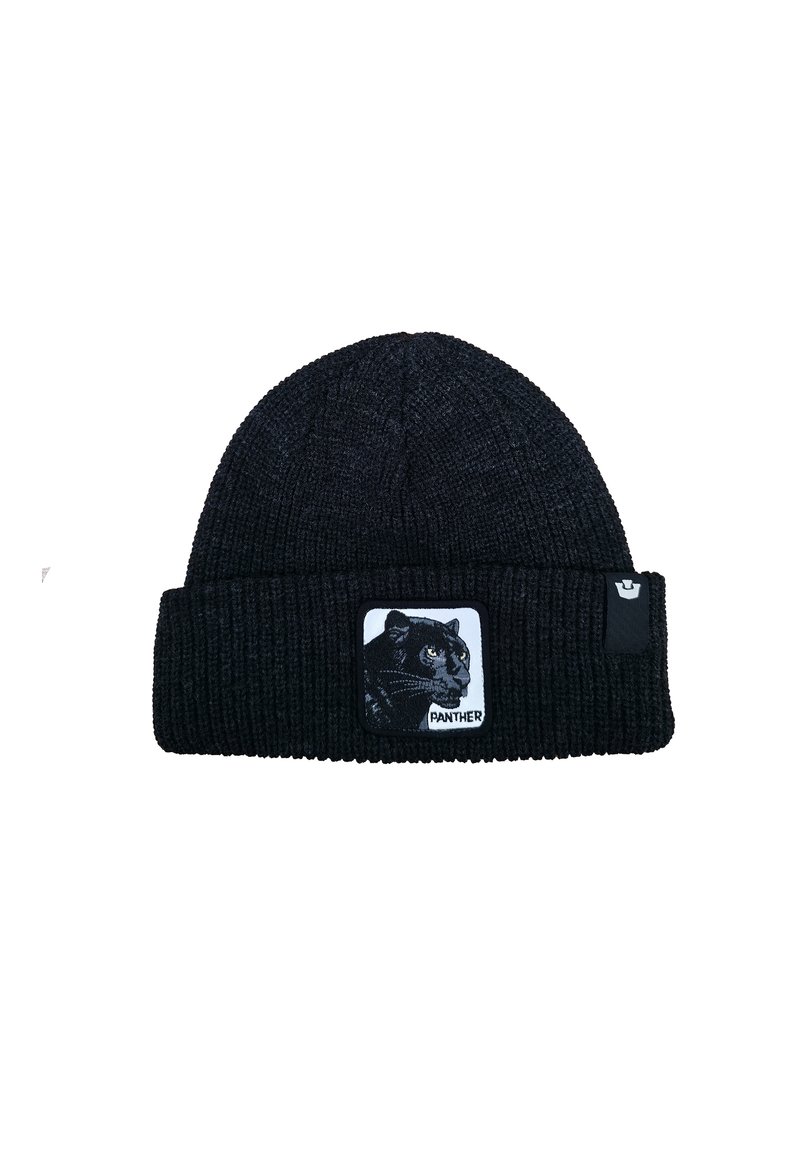 Berretto a maglia nero con risvolto. Presenta una patch con una grafica di un puma e la parola "PANTHER" in bianco. Tessuto texturizzato.