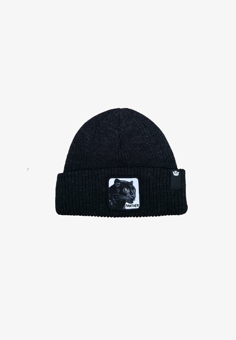 Berretto a maglia nero con risvolto. Presenta una patch con una grafica di un puma e la parola "PANTHER" in bianco. Tessuto texturizzato.