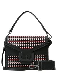 Sac à main en cuir noir avec tissu pied-de-poule rouge, blanc et noir, poignée supérieure, fermoir avant et sangle d'épaule amovible posés à côté.