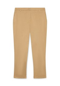 Beige chinos s hladkým povrchem, slim fit, s poutky na opasek, předními kapsami a ohrnutými manžetami. Materiál se zdá být prodyšný a lehký.