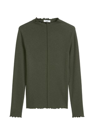 Olive green long-sleeve top with a ribbed texture, rounded neckline, and scalloped edges. Features a front opening without buttons or zippers.