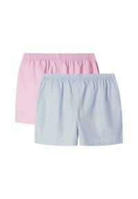 Två par shorts: ett par i enfärgad rosa och ett par i ljusblått med ett strukturerat mönster. Båda har elastiska midjeband för komfort.