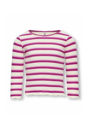 Gestreiftes Langarmshirt mit abwechselnden rosa und weißen horizontalen Streifen, gerippter Textur und gewelltem Saum.