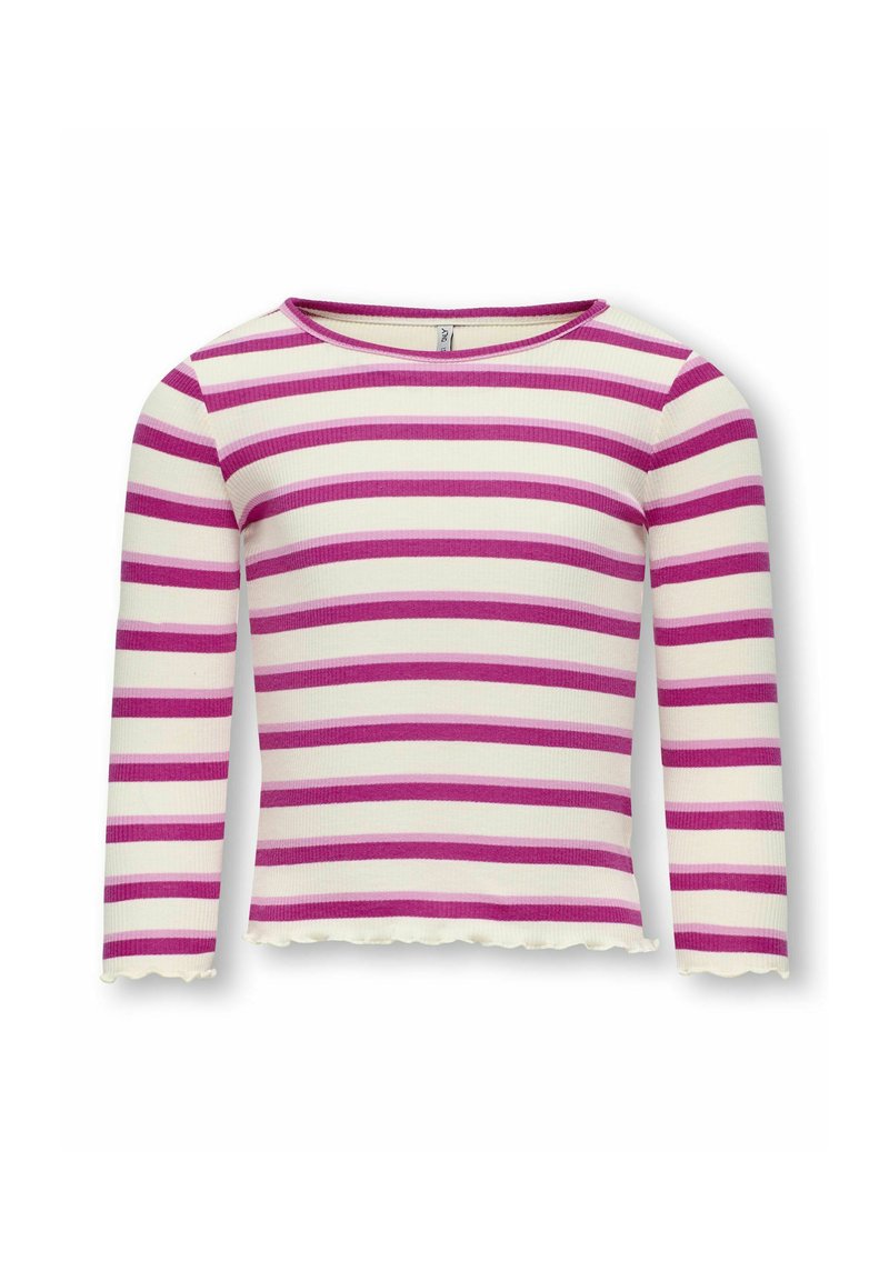 Gestreept langemouwen T-shirt met afwisselend roze en witte horizontale strepen, geribde textuur en een gekartelde zoom.