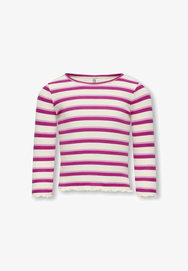 Gestreept langemouwen T-shirt met afwisselend roze en witte horizontale strepen, geribde textuur en een gekartelde zoom.