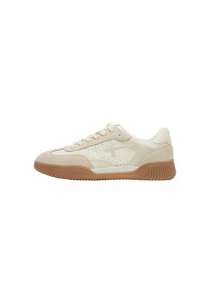 Beige sneakers med en kombination af ruskind og mesh-materialer, med en gummisål og teksturerede detaljer på ydersiden.