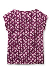 Blouse violette à manches courtes avec un motif de feuilles dans des teintes plus claires, encolure ronde et texture douce sur l'ensemble.