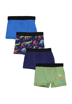 Cztery pary męskich boxerów: niebieskie, granatowe w wzór dinozaurów, ciemnofioletowe oraz zielone z kolorowymi akcentami dinozaurów, wszystkie z czarnymi ściągaczami.