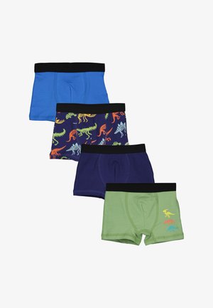 Four pairs of boys' boxer shorts: blue, navy with dinosaur pattern, dark purple, and green with colorful dinosaur accents, all with black waistbands.