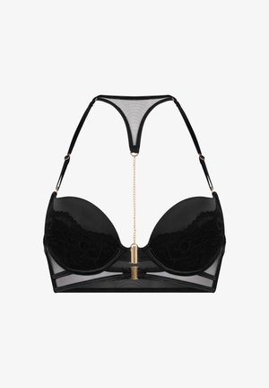 Black lace bra featuring a sheer mesh design, smooth cups, gold hardware accents, and a chain detail connecting the cups and back strap.