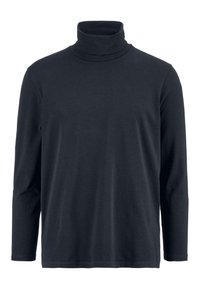 Marineblaues Langarm-Turtleneck-Shirt aus weicher Baumwolle. Verfügt über einen eng anliegenden Kragen und einen geraden Saum mit minimalen Nähten.