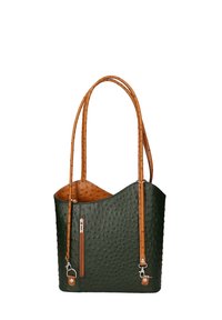 Sac en cuir vert avec une finition texturée, poignées beige et une poche zippée. Semble spacieux avec une forme arrondie et un dessus ouvert.