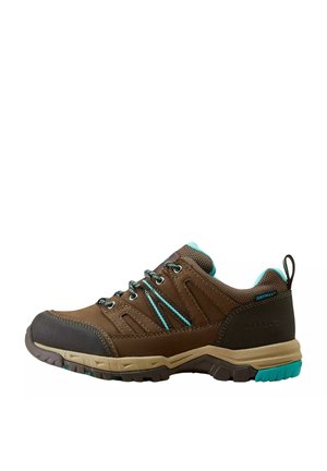 Zapato de senderismo Ariat bajo en marrón y verde azulado con puntera reforzada, cordones estampados, cuello acolchado y suela beige resistente con detalles en verde azulado.