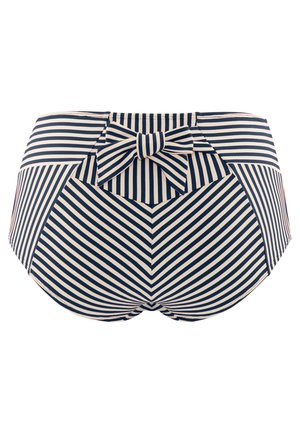 Bas de bikini taille haute à rayures diagonales bleu marine et blanches, avec un nœud rayé au centre du dos.