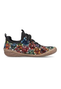 Colorful sneaker featuring a textured black fabric upper with multicolored accents, black laces, and a brown rubber sole.