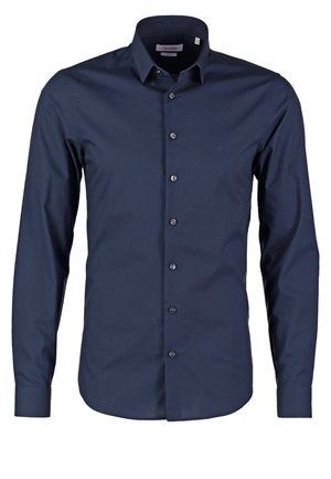 Marineblauw herenoverhemd met lange mouwen, knoopsluiting aan de voorkant en puntige kraag, slim fit ontwerp.