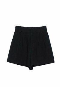 Shorts neri a vita alta realizzati in un tessuto leggero con pieghe, caratterizzati da una superficie liscia e un design pulito e semplice.