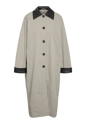 Long beige coat with black leather collar and cuffs, five black buttons down front, and side pockets.